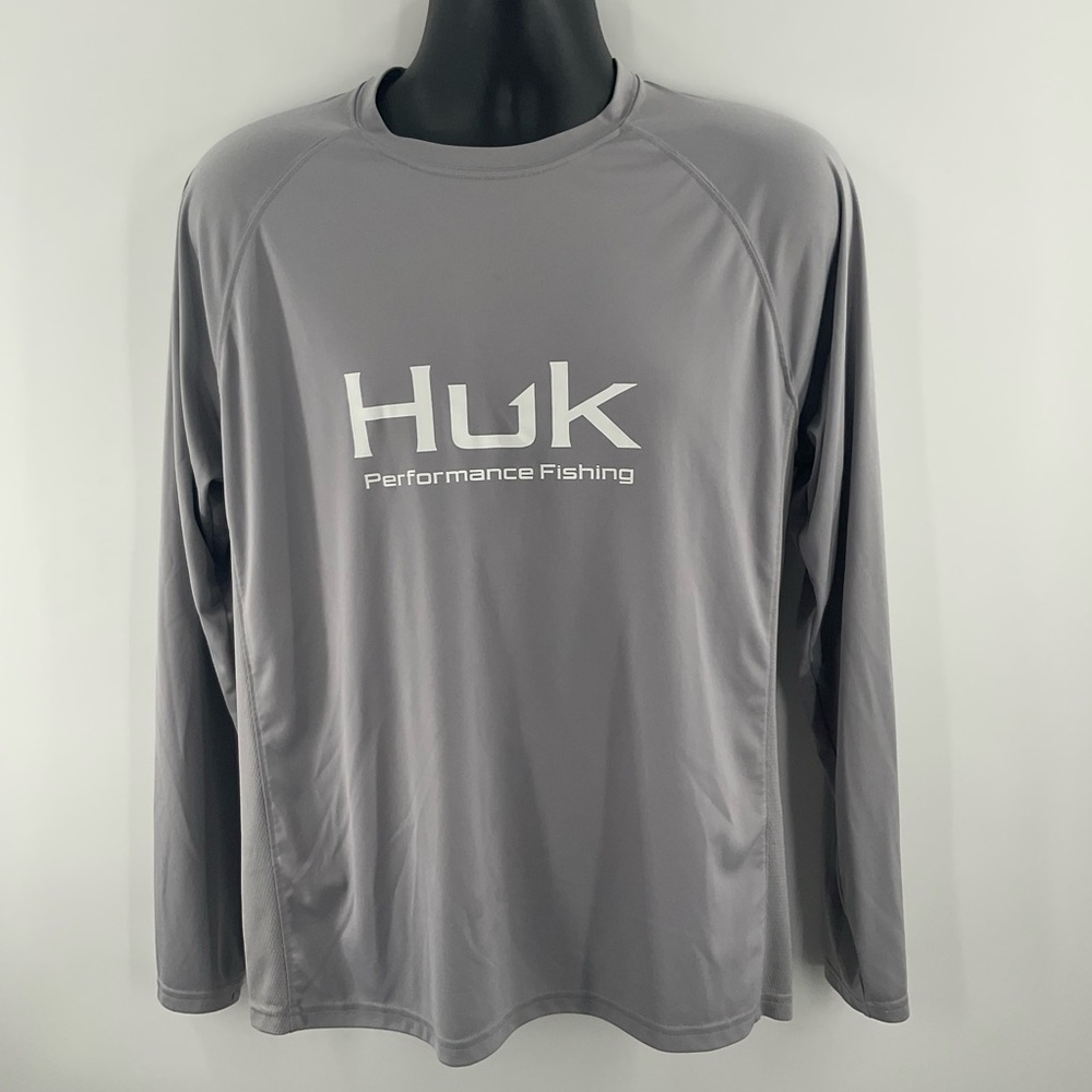 Huk Performance Fishing Gray Long Sleeve Shirt Men Medium Fishing Shirt UPF (G1)